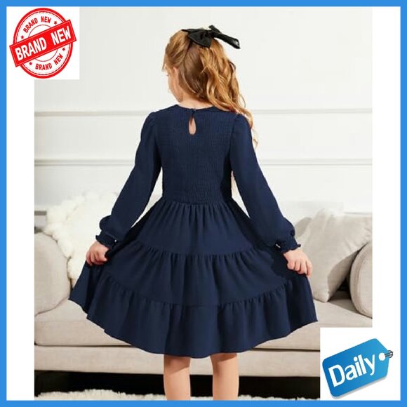 Girls Long Sleeve Boho Party Dress with Pockets Tiered Smocked - Picture 7 of 8